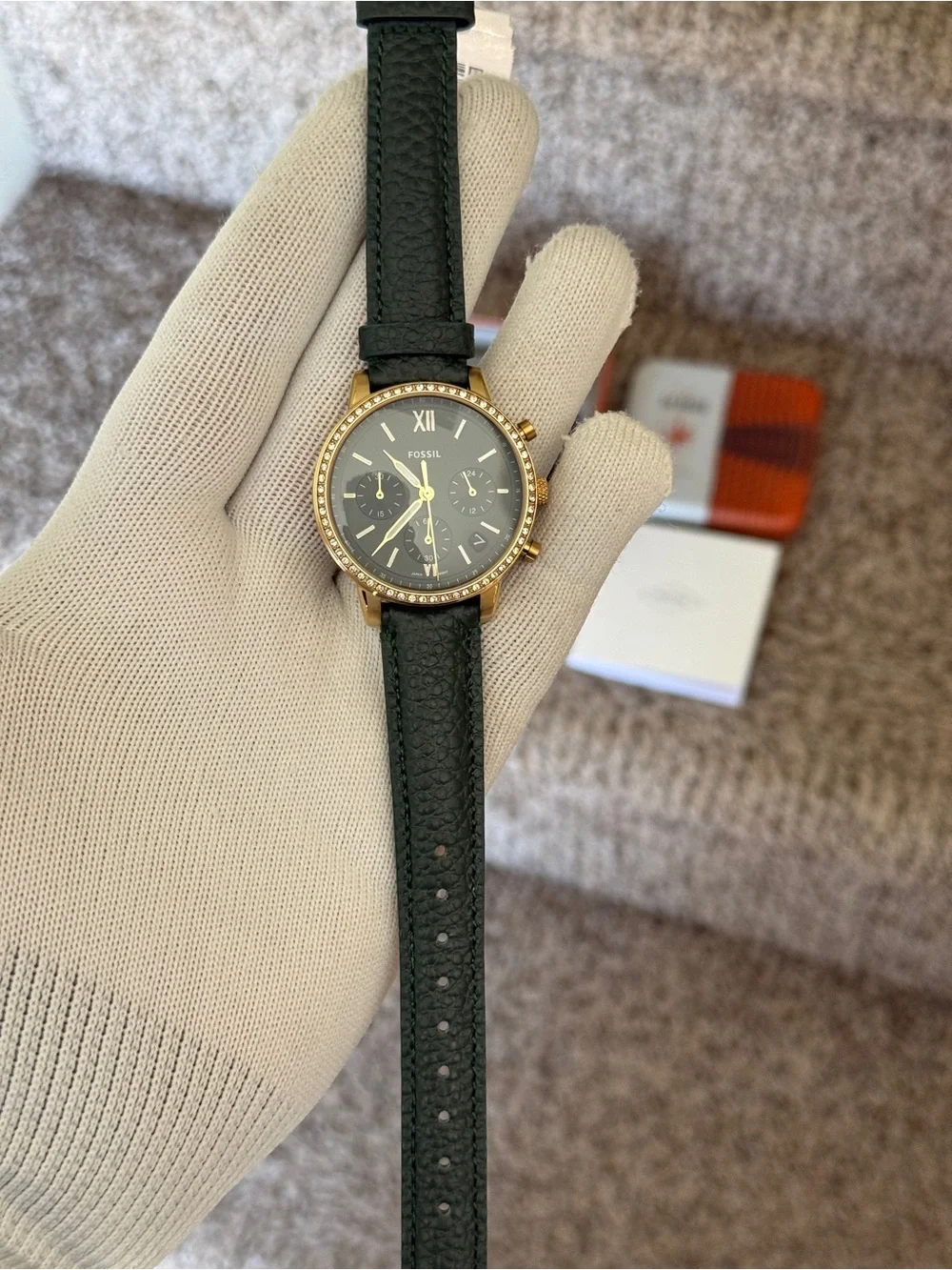 Fossil Dark Green Neutra Leather Strap Gold Crystal Bezel Chronograph Womens